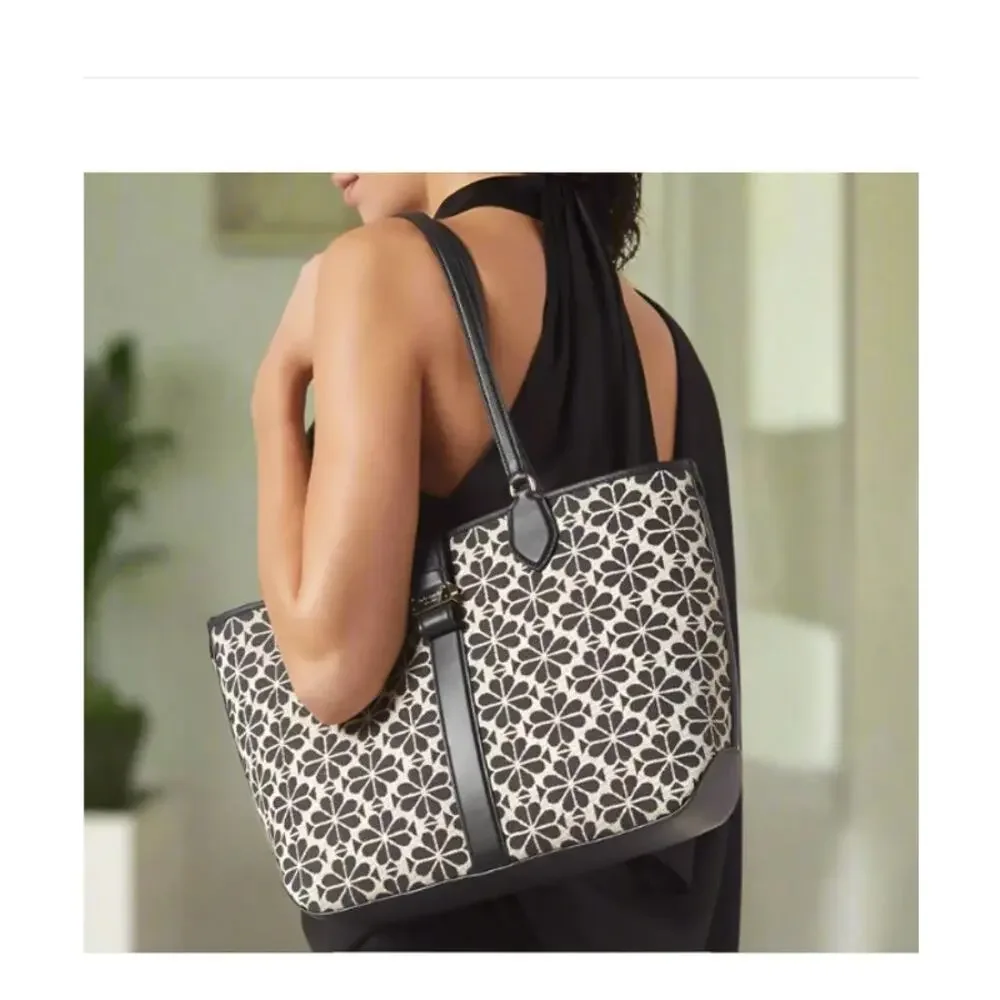 Kate Spade Black Flower Jacquard Tote Medium Leather Trim Shoulder Bag